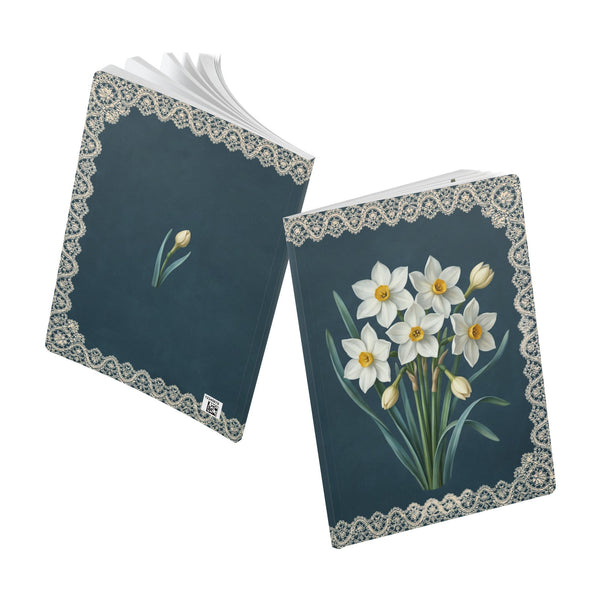 December birth flower journal with paperwhite narcissus oil painting art and lace border on a teal cover