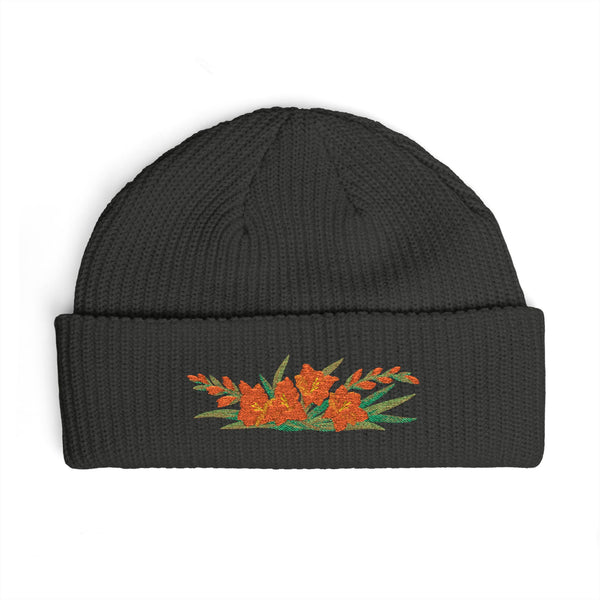 Cuffed knit beanie embroidered with the gladiolus, August birth flower