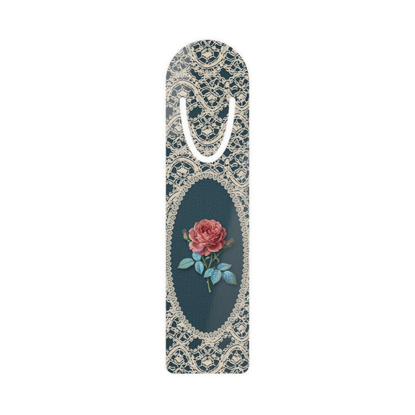 Metal bookmark with red rose, the June birth flower, in vintage lace floral art