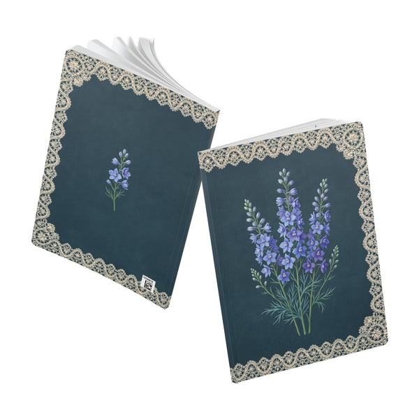 July birth flower journal with blue larkspur oil painting art and lace border on a teal cover