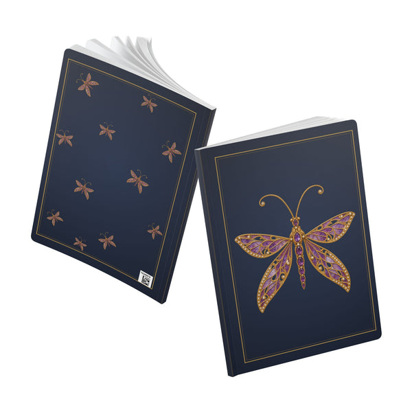 Jeweled amethyst lacewing journal with vintage brooch art on a navy cover, February birthstone gift