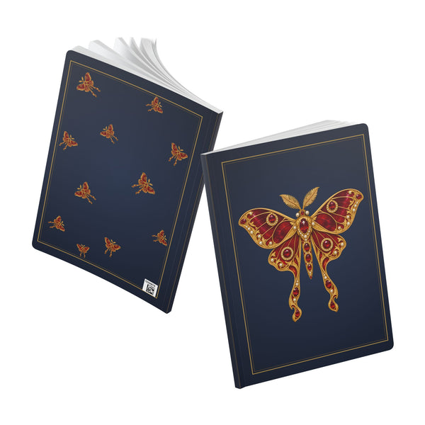 Jeweled ruby moth journal with vintage brooch art on a navy cover, July birthstone gift