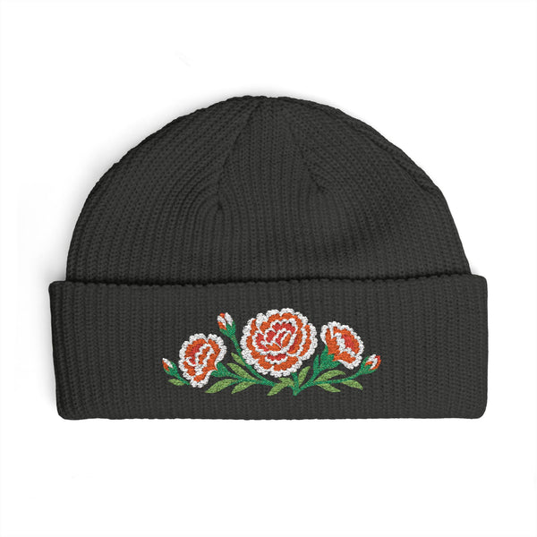 Cuffed knit beanie embroidered with the carnation, January birth flower