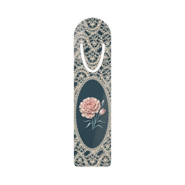 Metal bookmark with pink carnation, the January birth flower, in vintage lace floral art