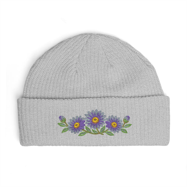 Cuffed knit beanie embroidered with the aster, September birth flower