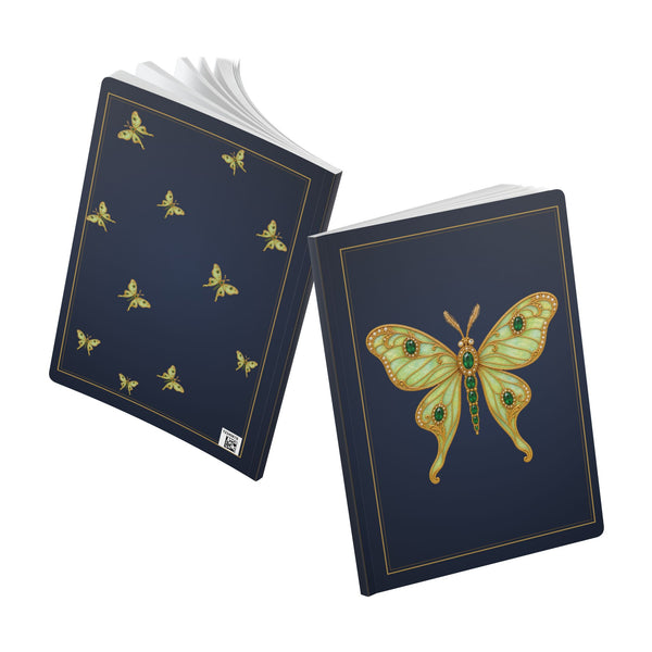 Jeweled emerald luna moth journal with vintage brooch art on a navy cover, May birthstone gift