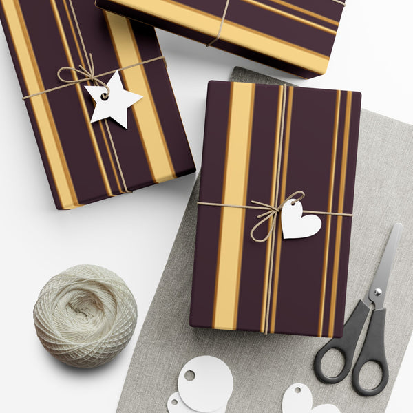 1960s-inspired gold stripe wrapping paper on deep plum