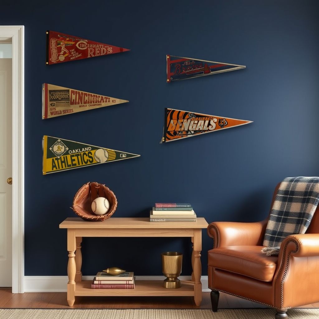 Vintage felt sports pennants hung on a navy den wall
