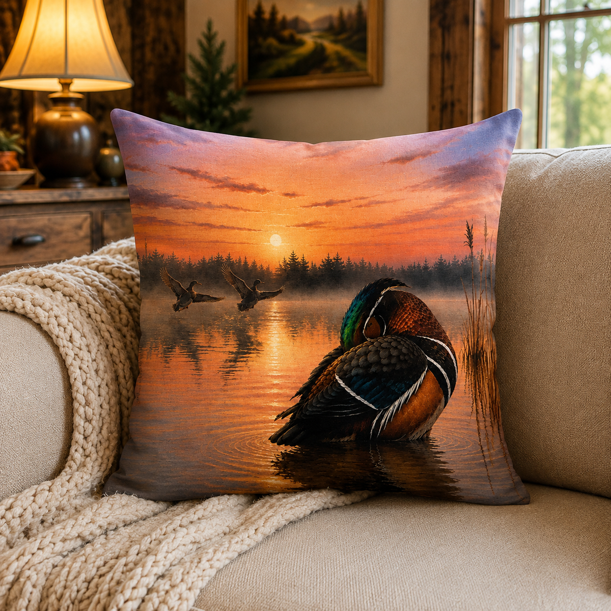Wood duck throw pillow on a cozy cabin sofa