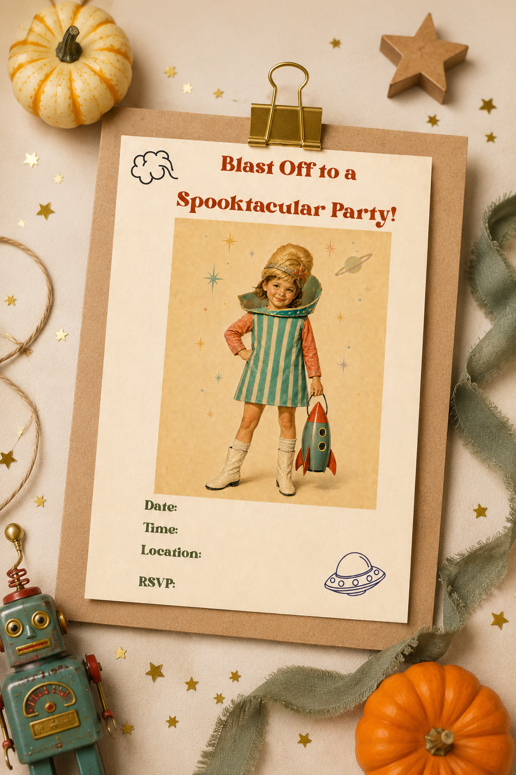 Retro space girl party invitation