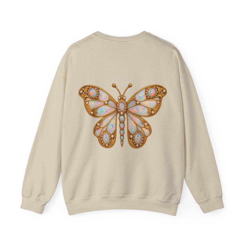 October birthstone sweatshirt with jeweled opal butterfly brooch art and personalized monogram, view 2