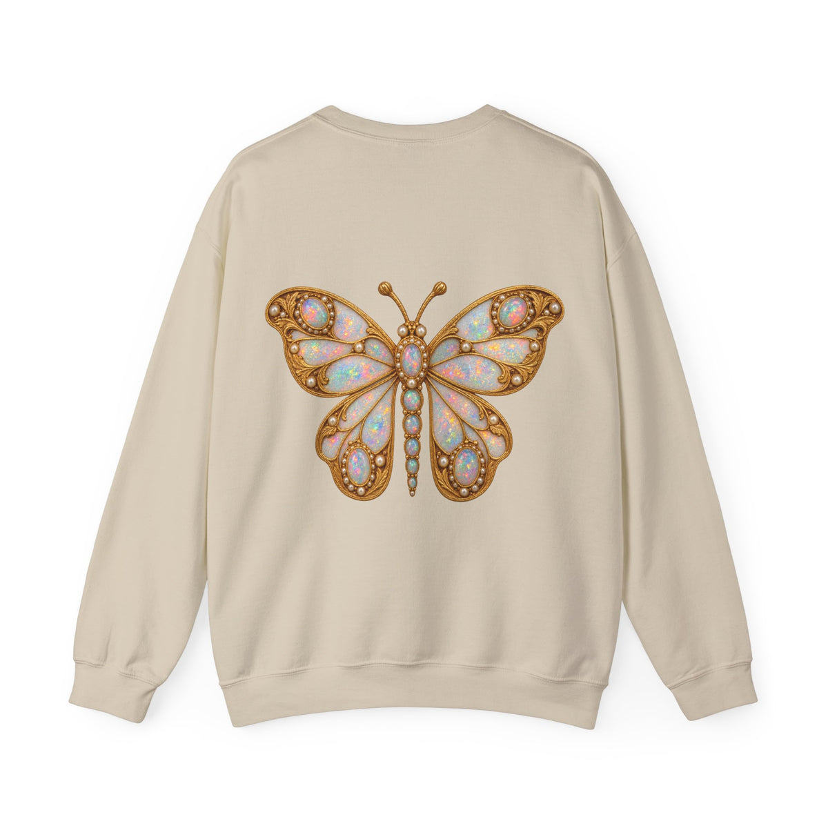 October birthstone sweatshirt with jeweled opal butterfly brooch art and personalized monogram, view 2