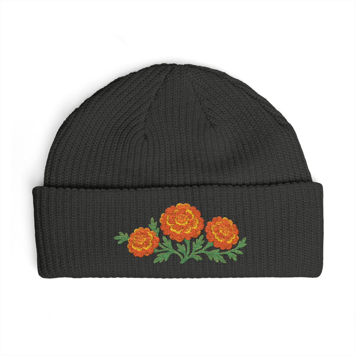 Cuffed knit beanie embroidered with the marigold, October birth flower, view 9