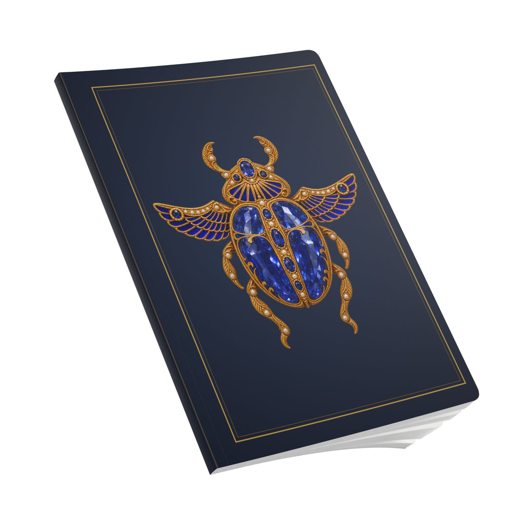 Jeweled sapphire scarab journal with vintage brooch art on a navy cover, September birthstone gift, view 9