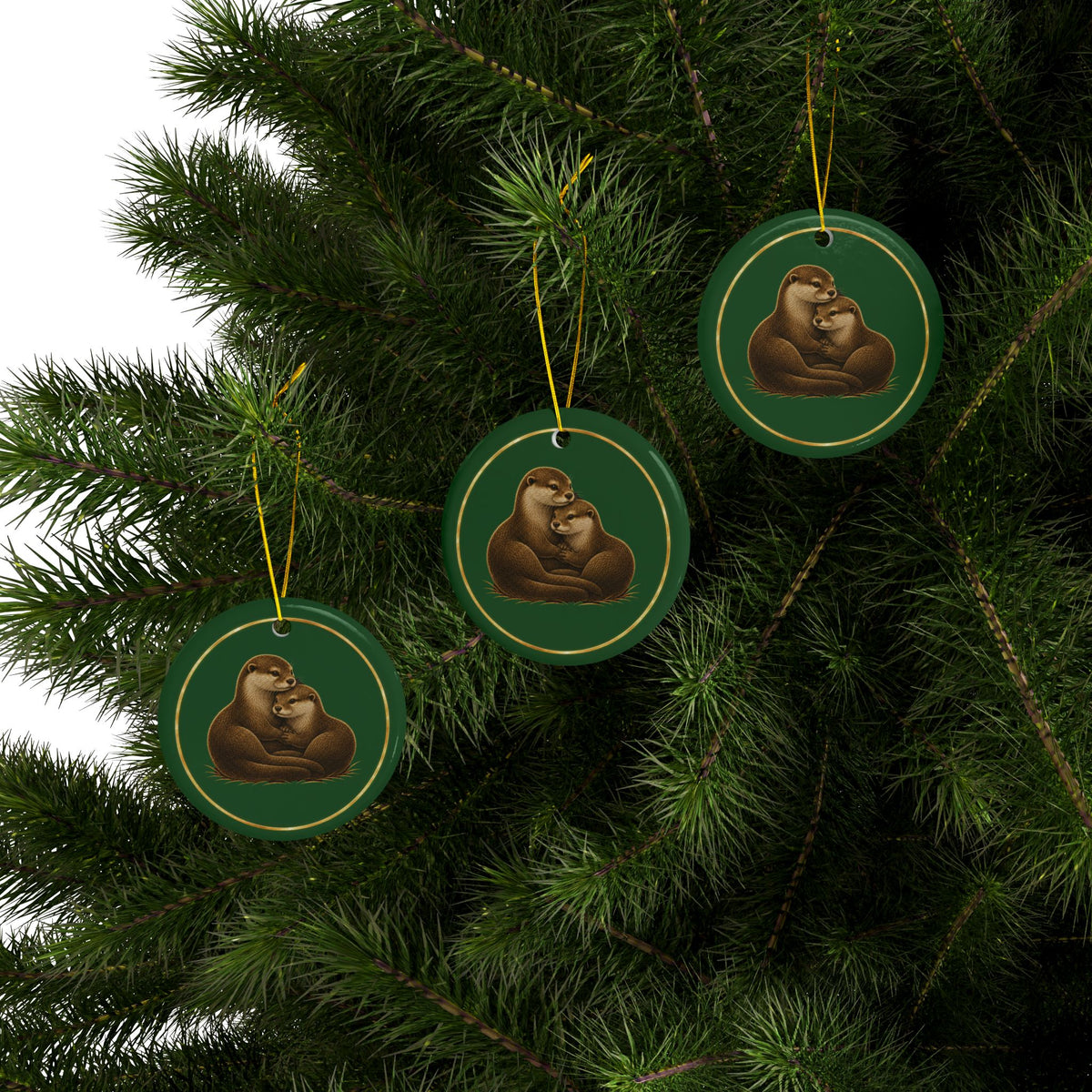 Otters Ornament, Woodland Creatures Christmas Ornament, Green and Gold Ceramic Ornament, Otter Lover Gift