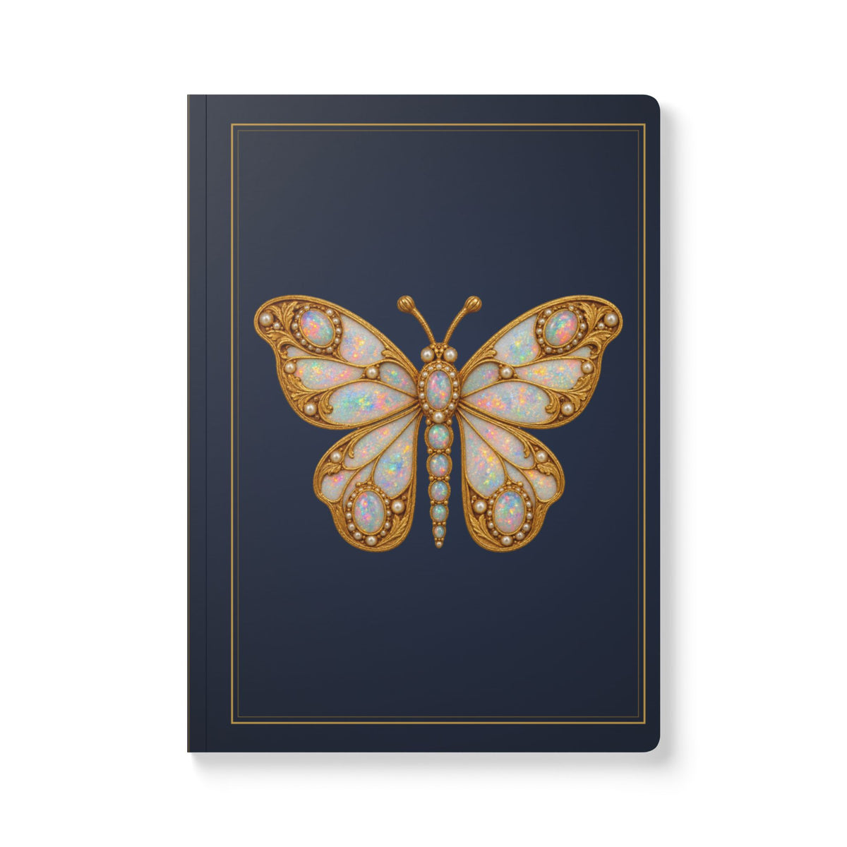 Jeweled opal butterfly journal with vintage brooch art on a navy cover, October birthstone gift, view 2