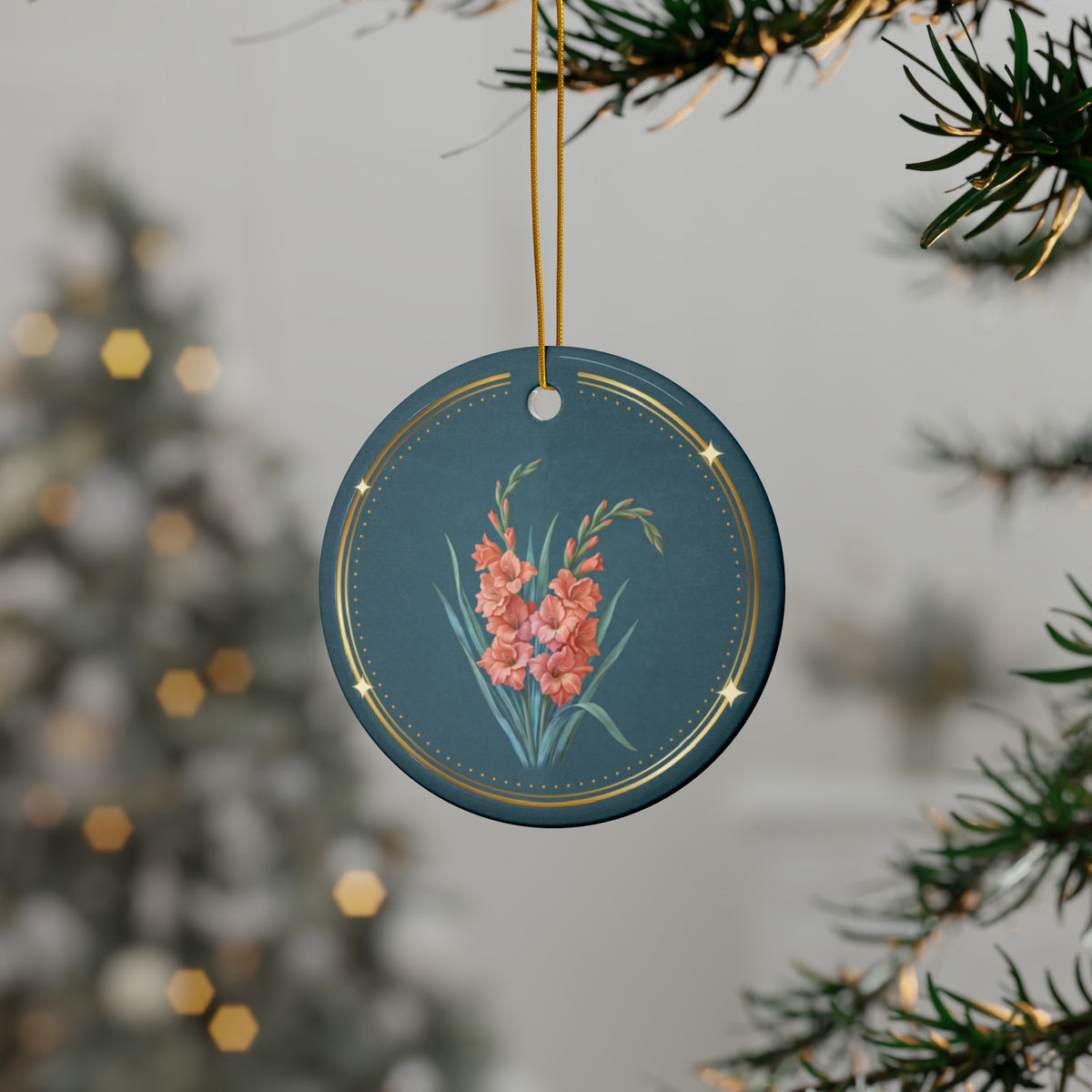 Personalized ceramic Christmas ornament with coral gladiolus, the August birth flower, view 2