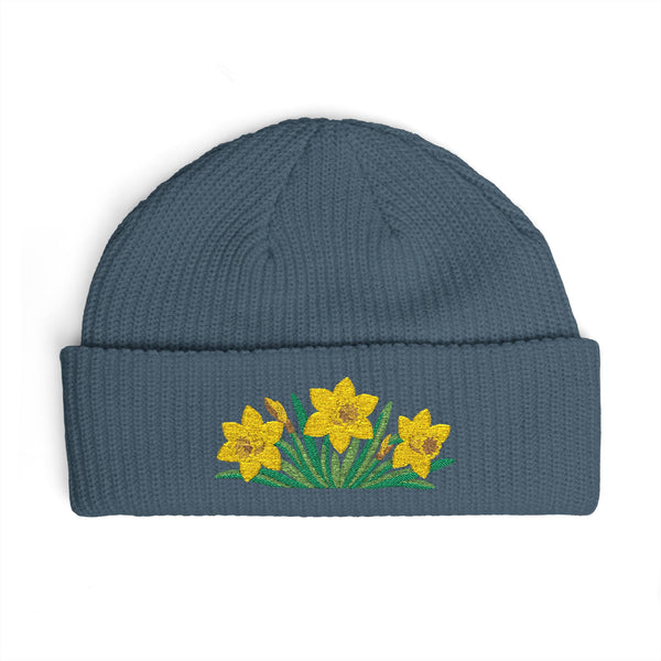 Cuffed knit beanie embroidered with the daffodil, March birth flower