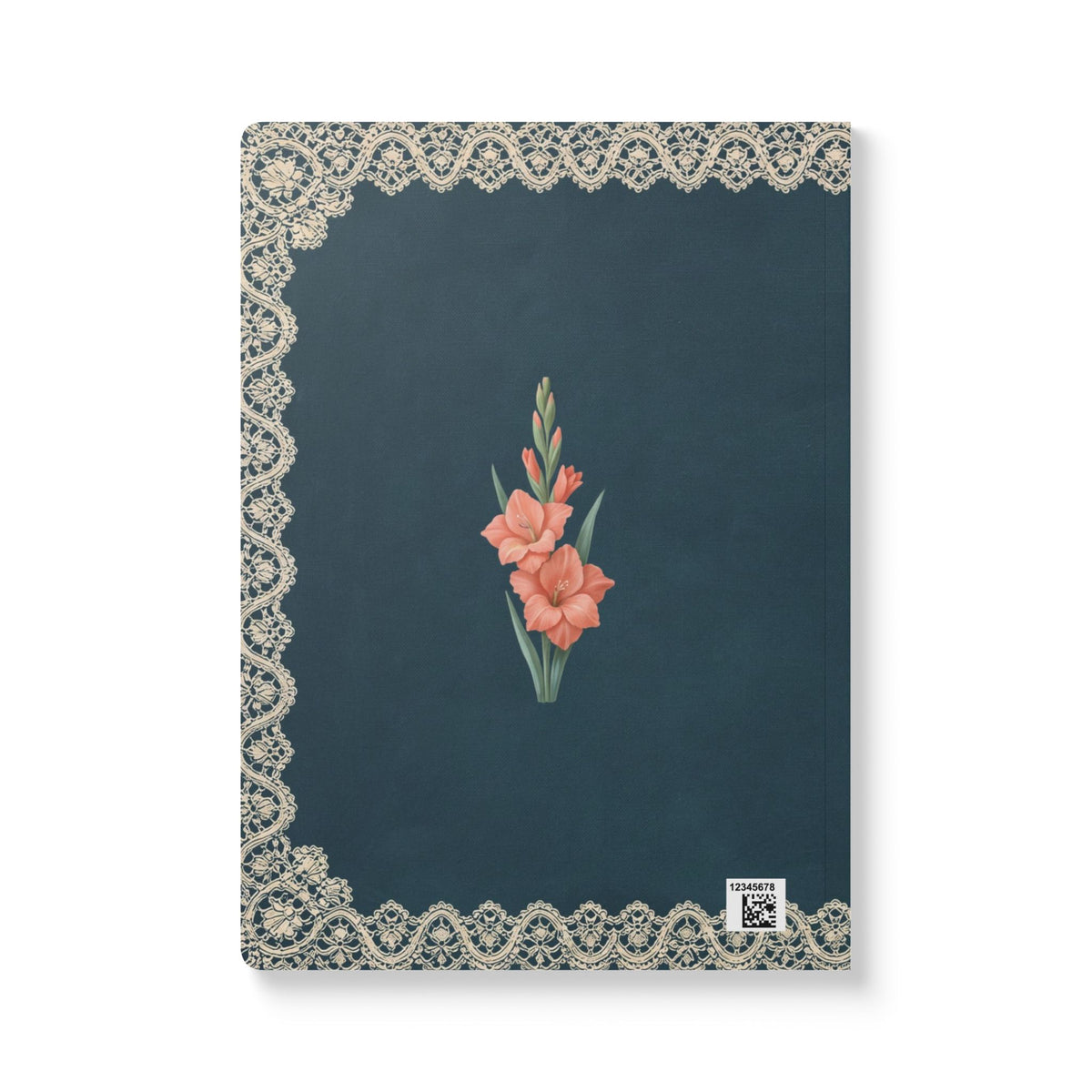 August birth flower journal with coral gladiolus oil painting art and lace border on a teal cover, view 3