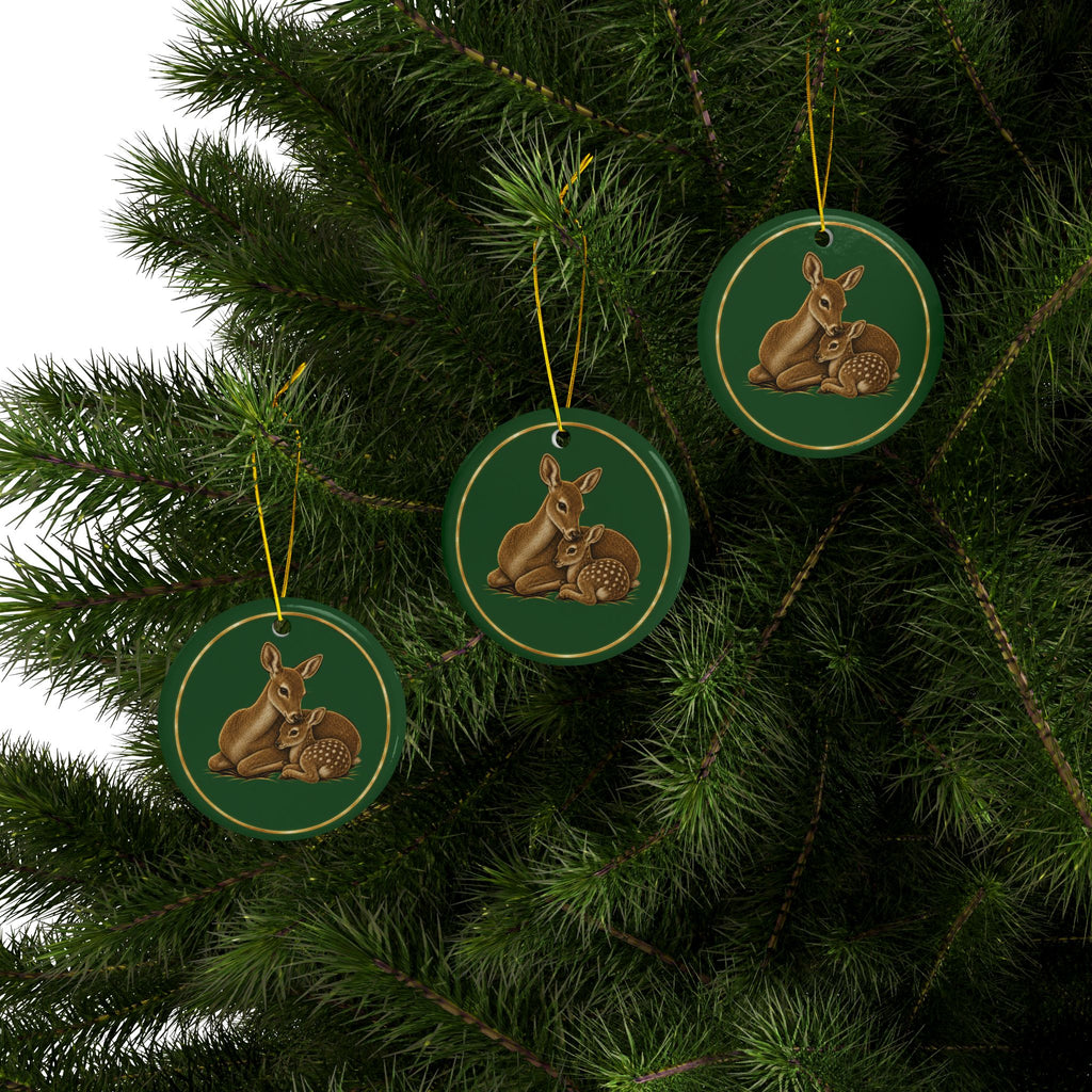 Doe and Fawn Ornament, Woodland Creatures Christmas Ornament, Green and Gold Ceramic Ornament, Mom Gift