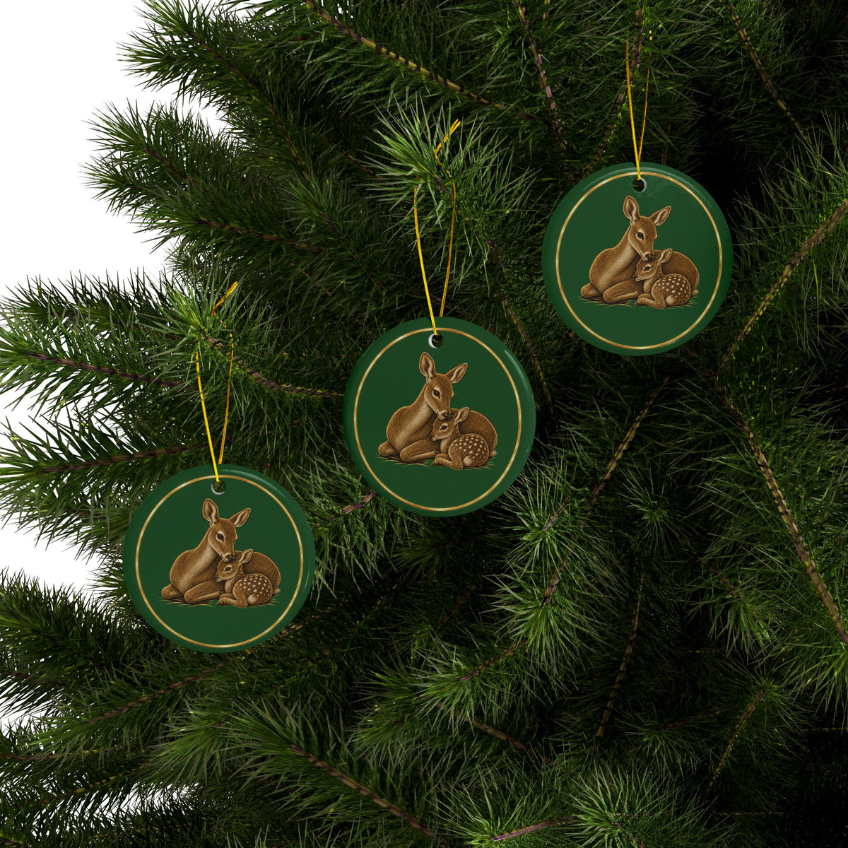 Doe and Fawn Ornament, Woodland Creatures Christmas Ornament, Green and Gold Ceramic Ornament, Mom Gift