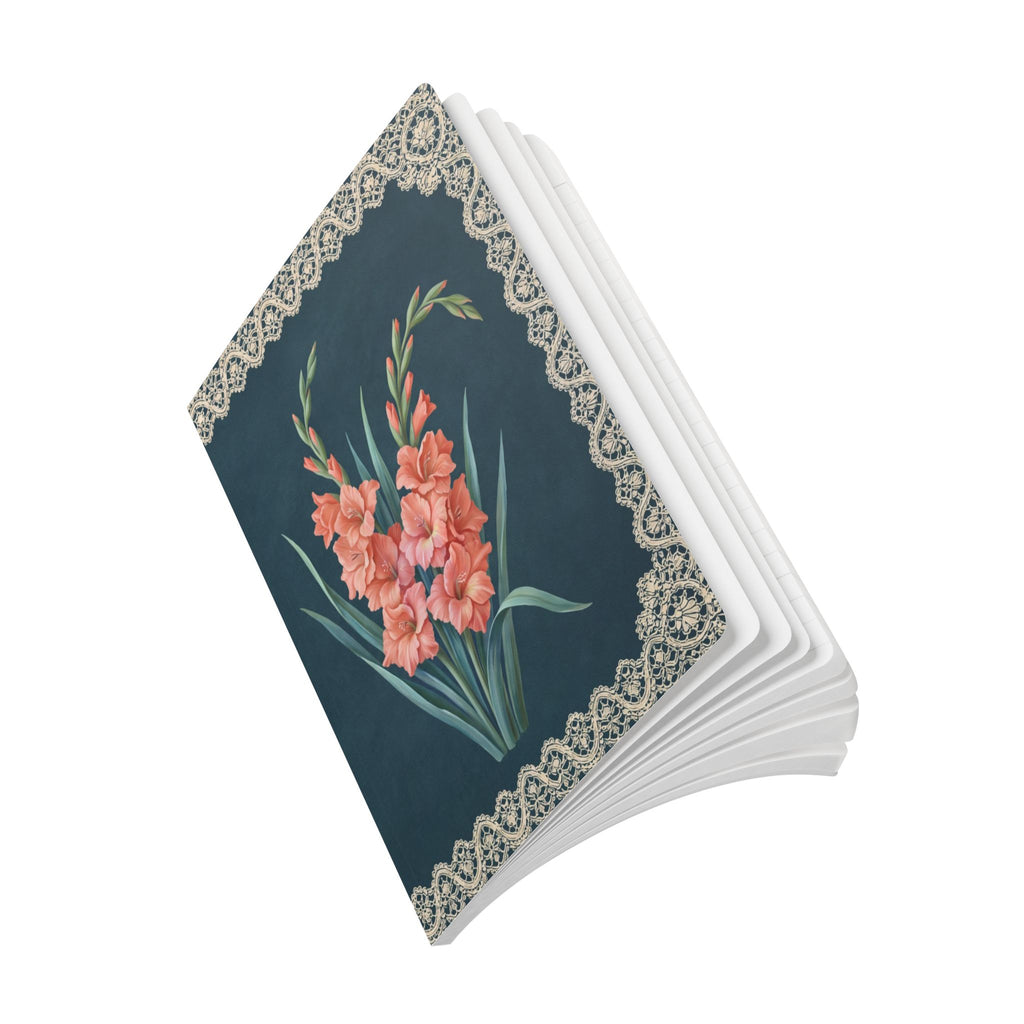 August birth flower journal with coral gladiolus oil painting art and lace border on a teal cover, view 10