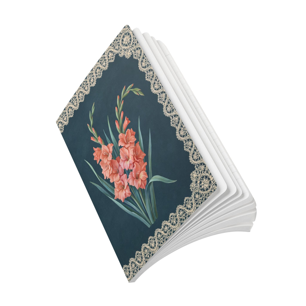 August birth flower journal with coral gladiolus oil painting art and lace border on a teal cover, view 10