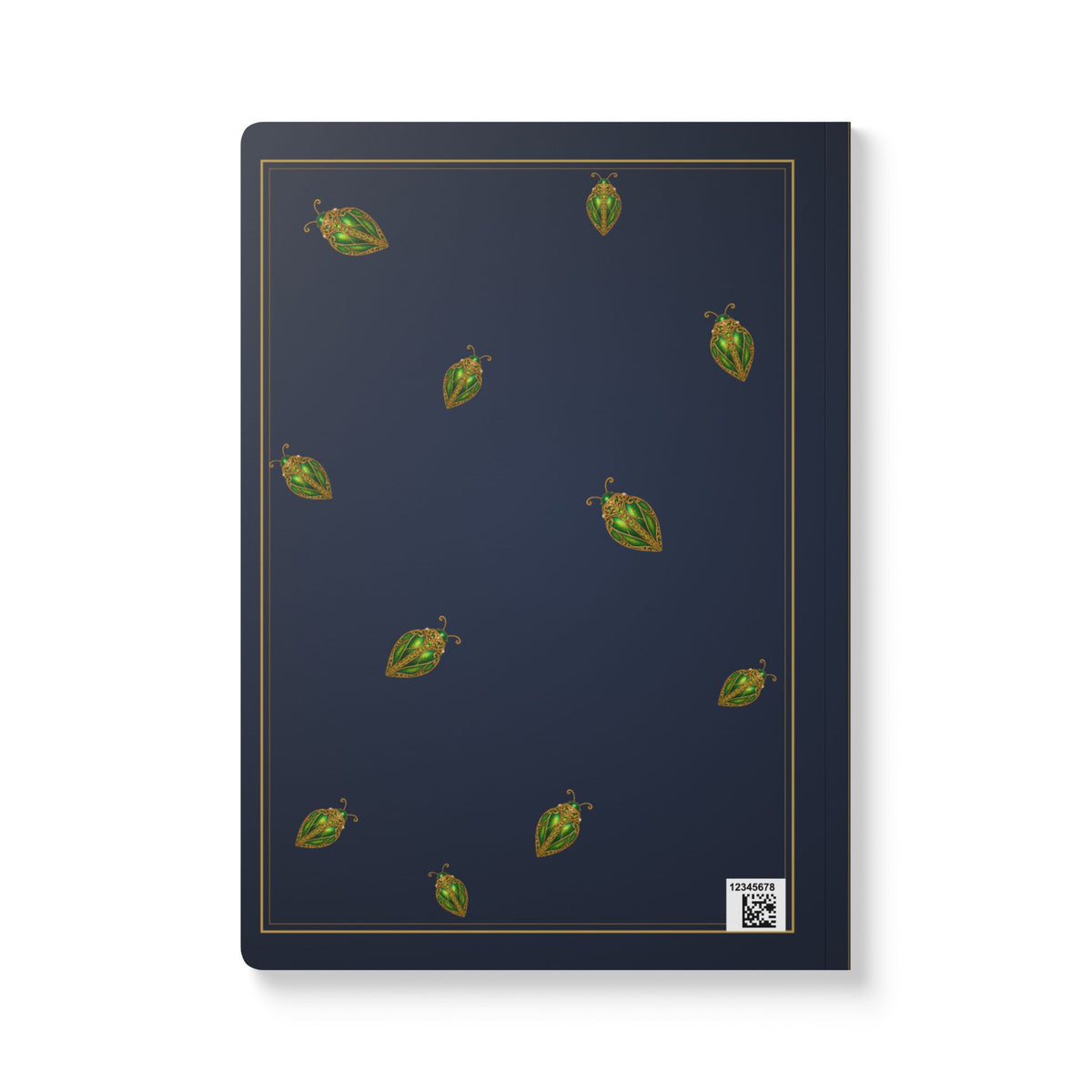 Jeweled peridot beetle journal with vintage brooch art on a navy cover, August birthstone gift, view 3