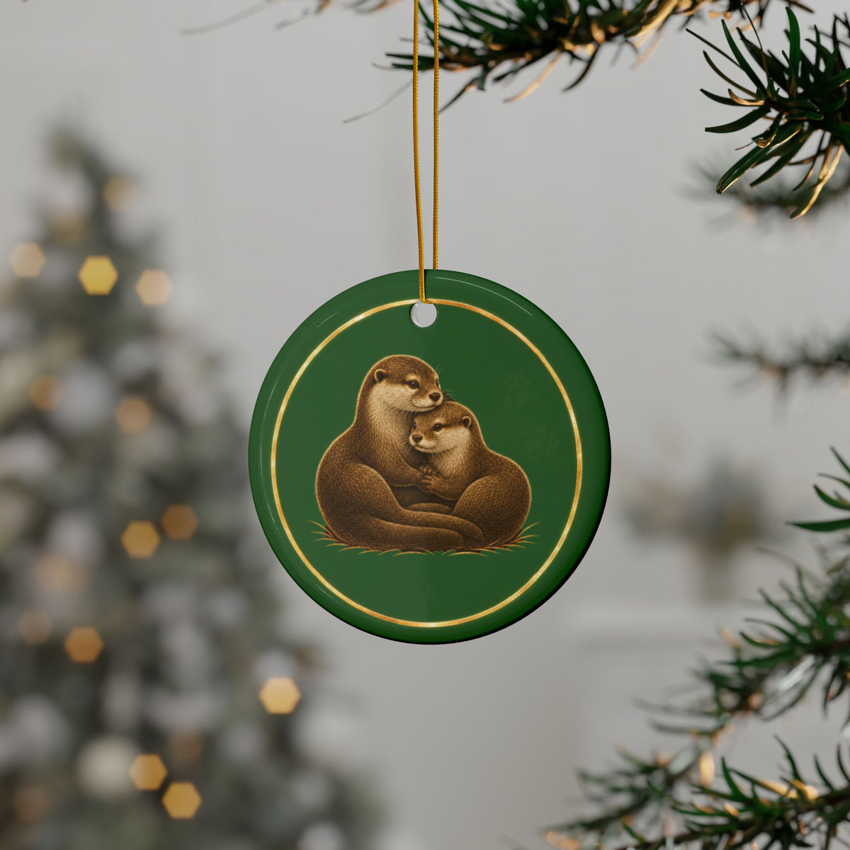 Otters Ornament, Woodland Creatures Christmas Ornament, Green and Gold Ceramic Ornament, Otter Lover Gift