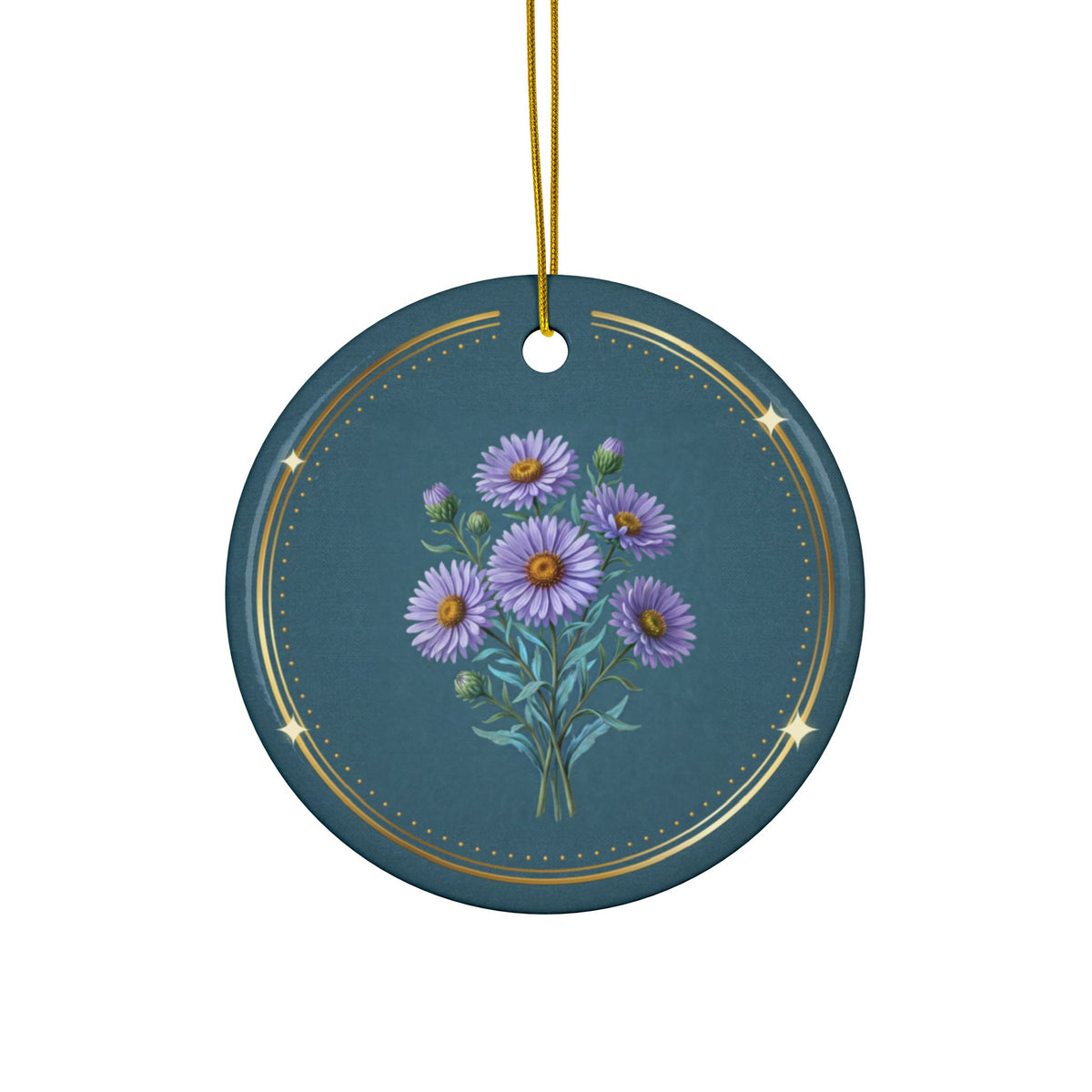 Personalized ceramic Christmas ornament with purple aster, the September birth flower, view 3