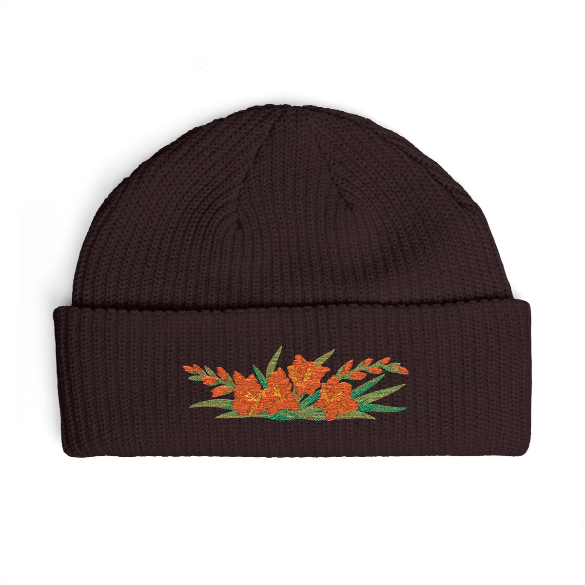 Cuffed knit beanie embroidered with the gladiolus, August birth flower, view 9