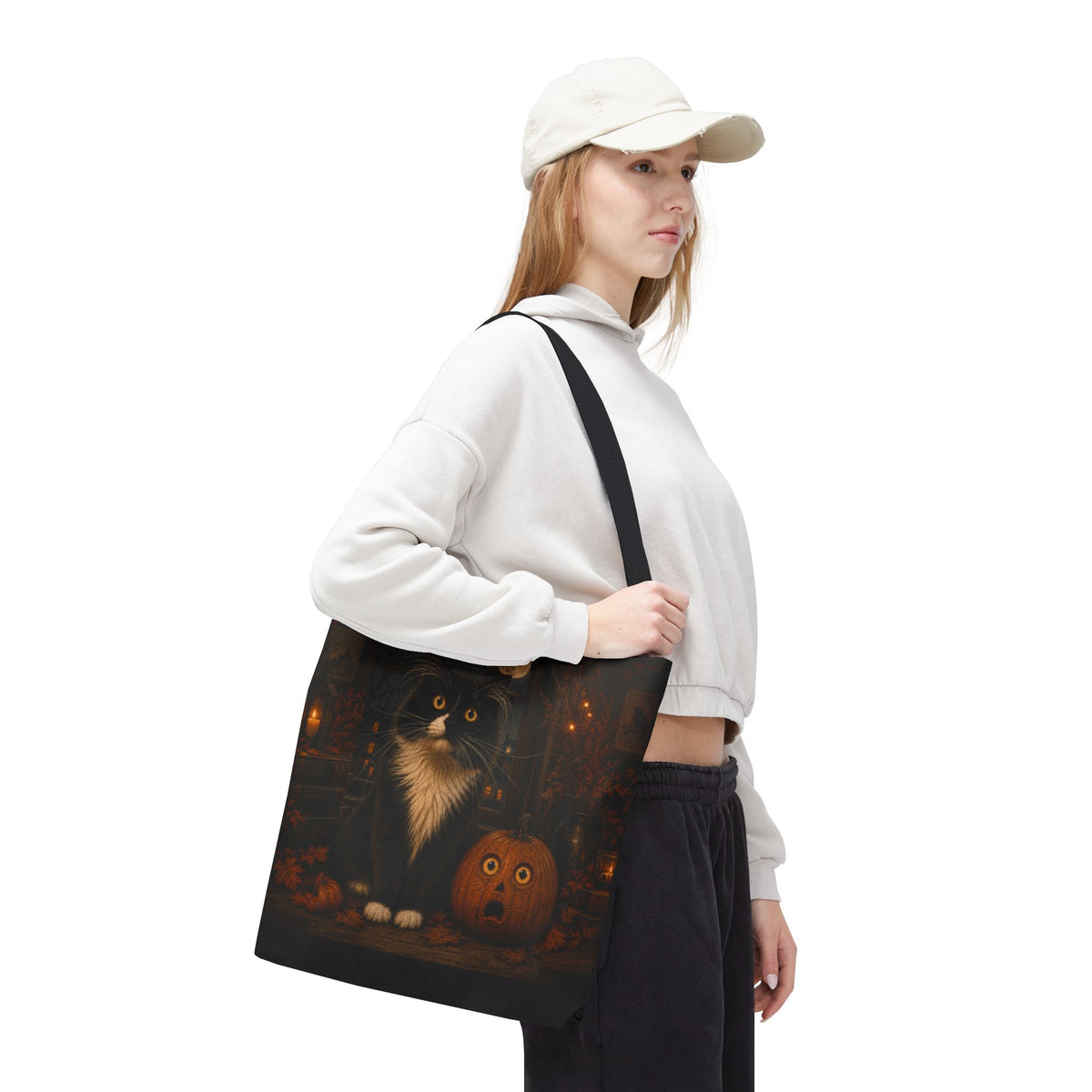 Frazzled tuxedo cat and vintage pumpkin tote bag, view 6