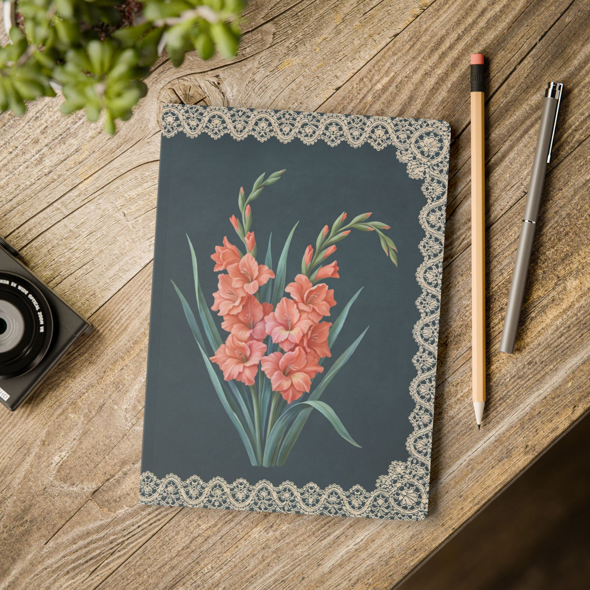 August birth flower journal with coral gladiolus oil painting art and lace border on a teal cover, view 11