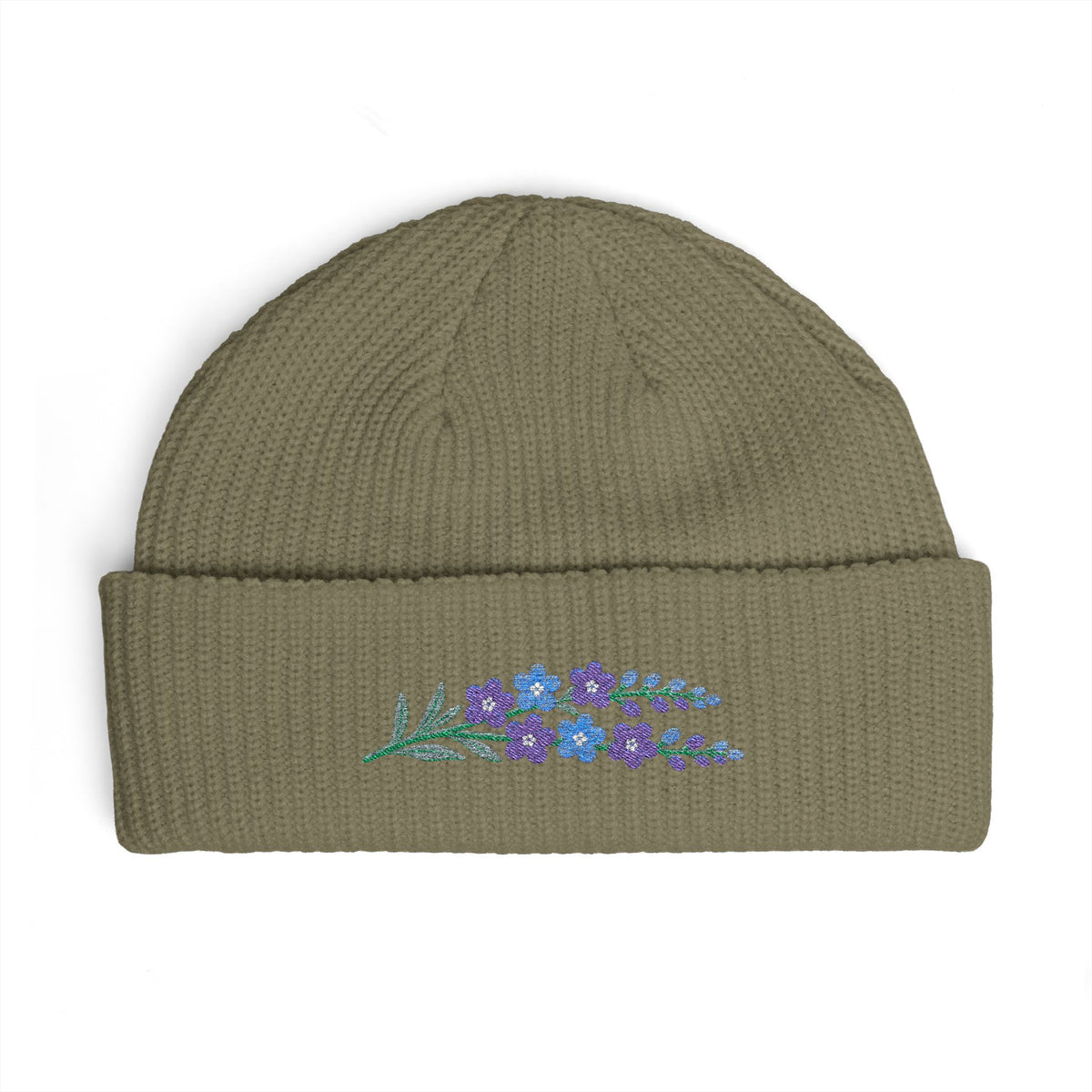 Cuffed knit beanie embroidered with the larkspur, July birth flower, view 5