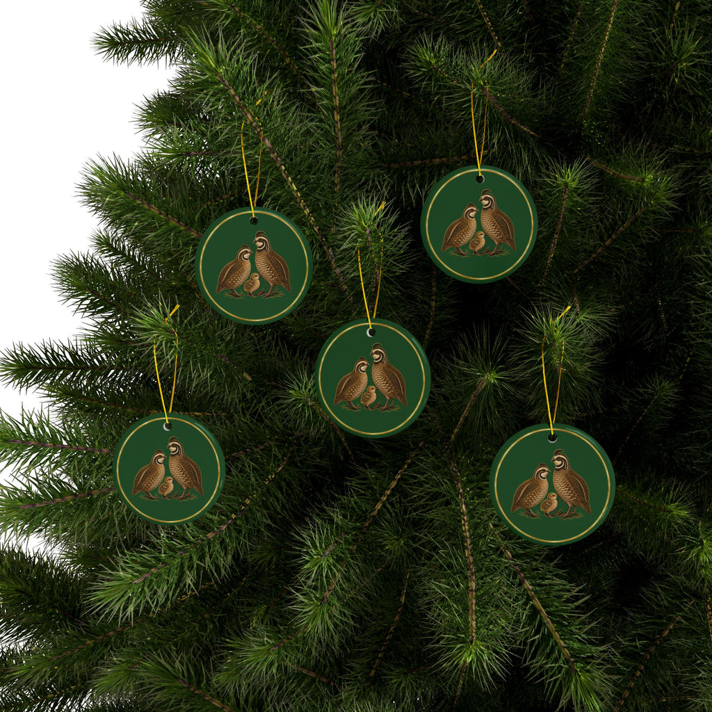 Quail Ornament, Woodland Creatures Christmas Ornament, Green and Gold Ceramic Ornament, Bird Hunter Gift