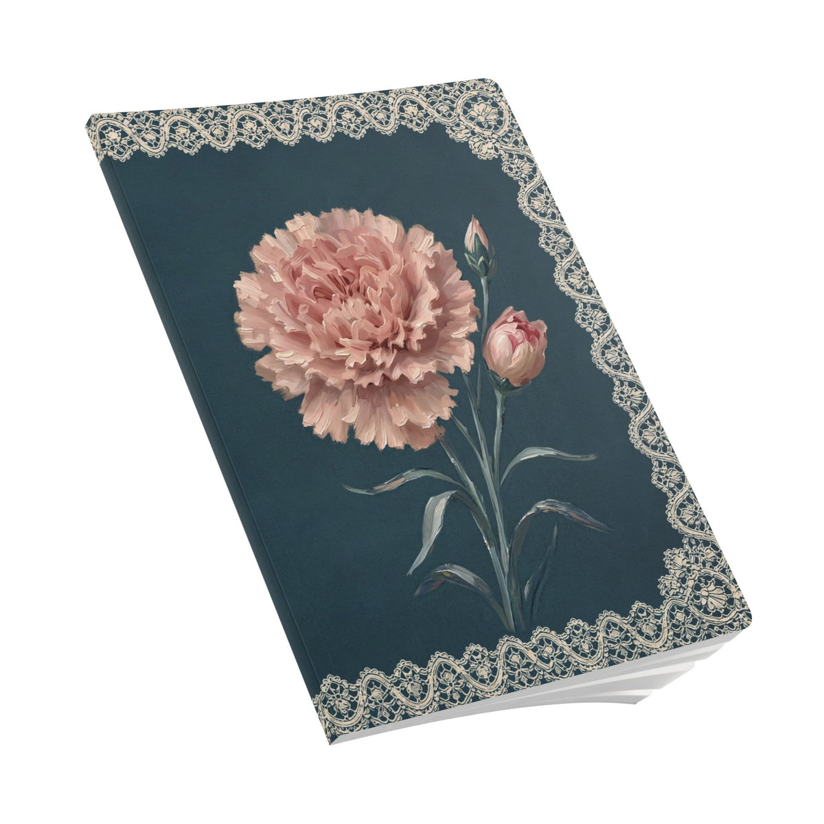 January birth flower journal with pink carnation oil painting art and lace border on a teal cover, view 9