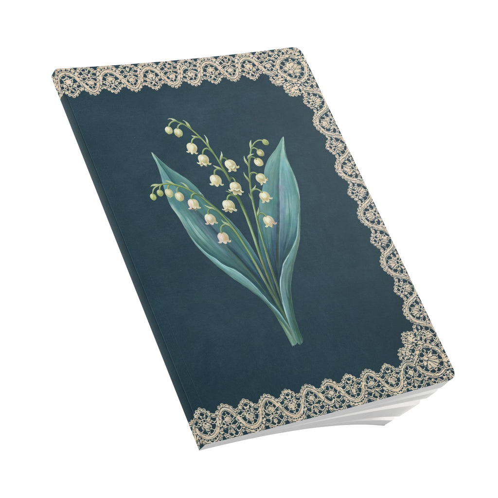 May birth flower journal with lily of the valley oil painting art and lace border on a teal cover, view 9