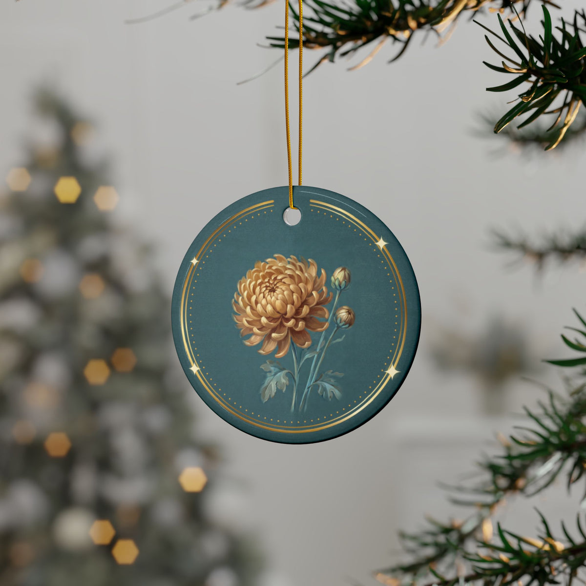Personalized ceramic Christmas ornament with golden chrysanthemum, the November birth flower, view 2