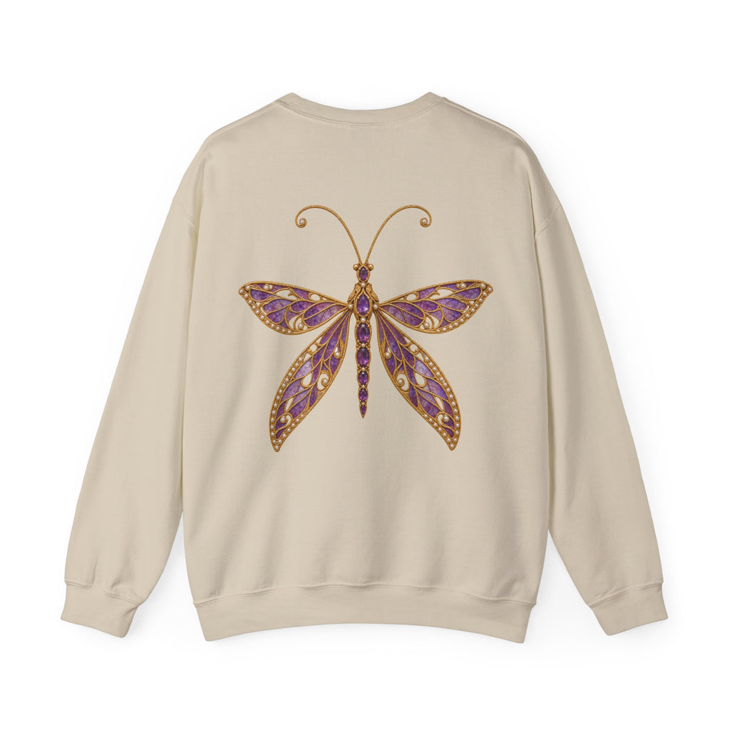 February birthstone sweatshirt with jeweled amethyst lacewing brooch art and personalized monogram, view 2