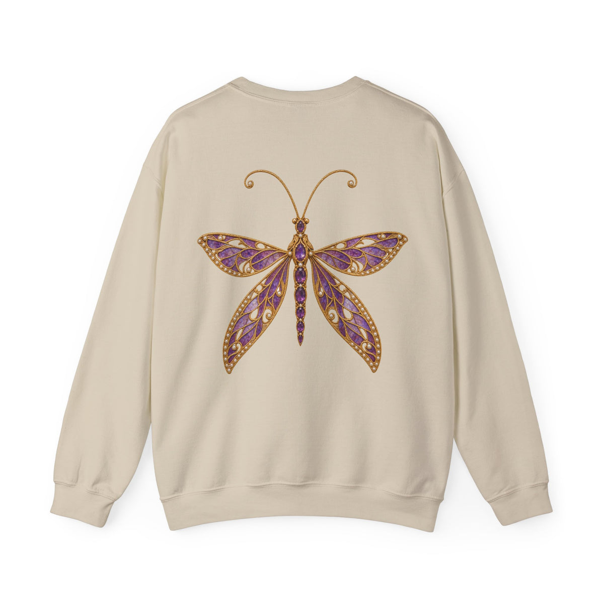 February birthstone sweatshirt with jeweled amethyst lacewing brooch art and personalized monogram, view 2