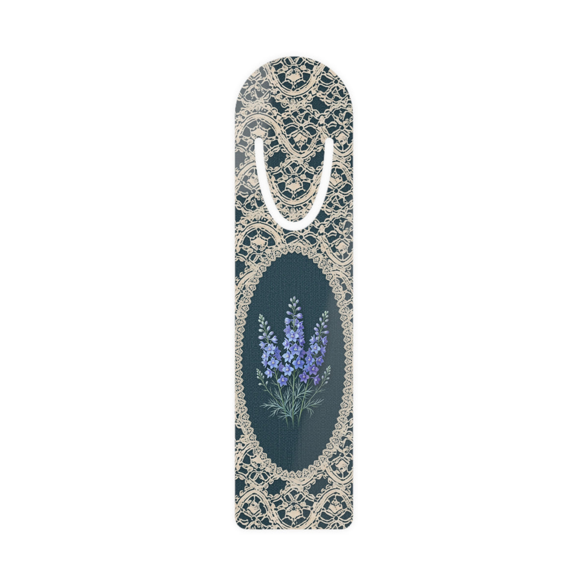 Metal bookmark with blue larkspur, the July birth flower, in vintage lace floral art