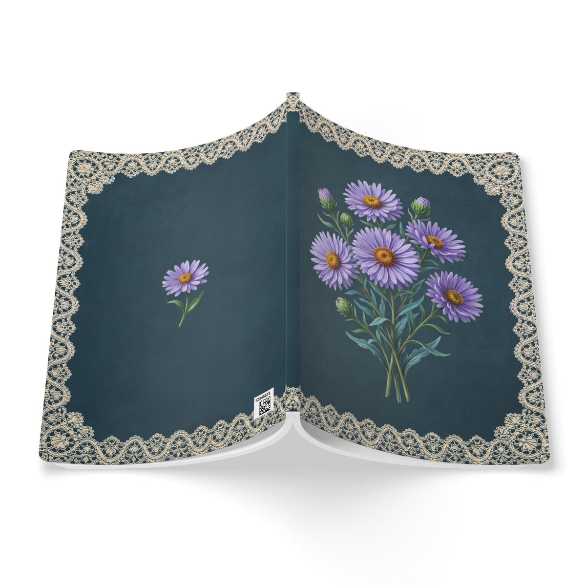 September birth flower journal with purple aster oil painting art and lace border on a teal cover, view 8
