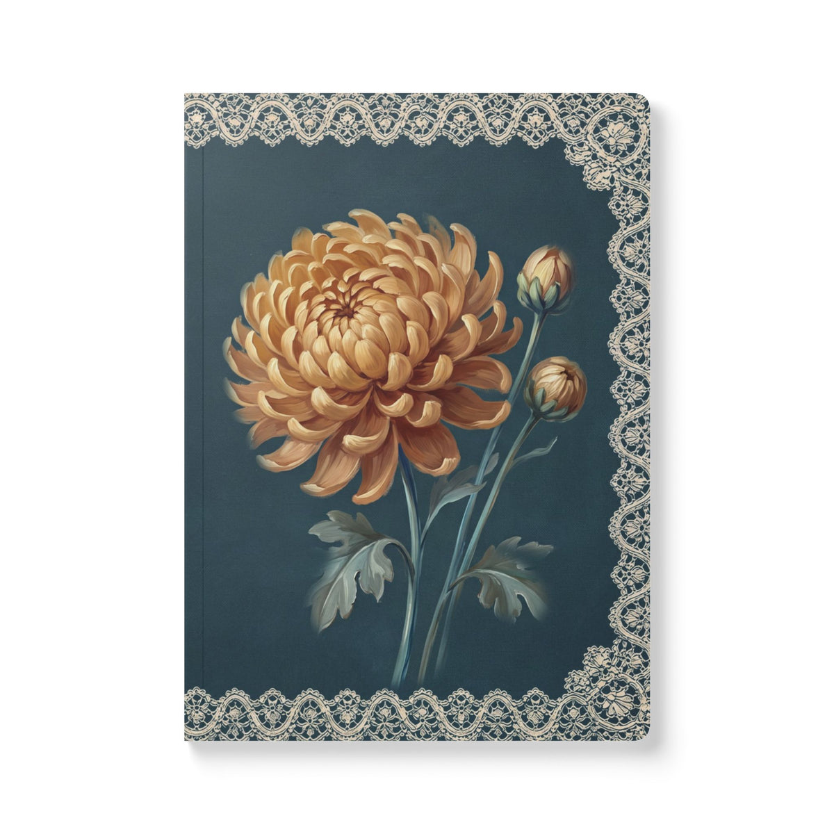 November birth flower journal with golden chrysanthemum oil painting art and lace border on a teal cover, view 2