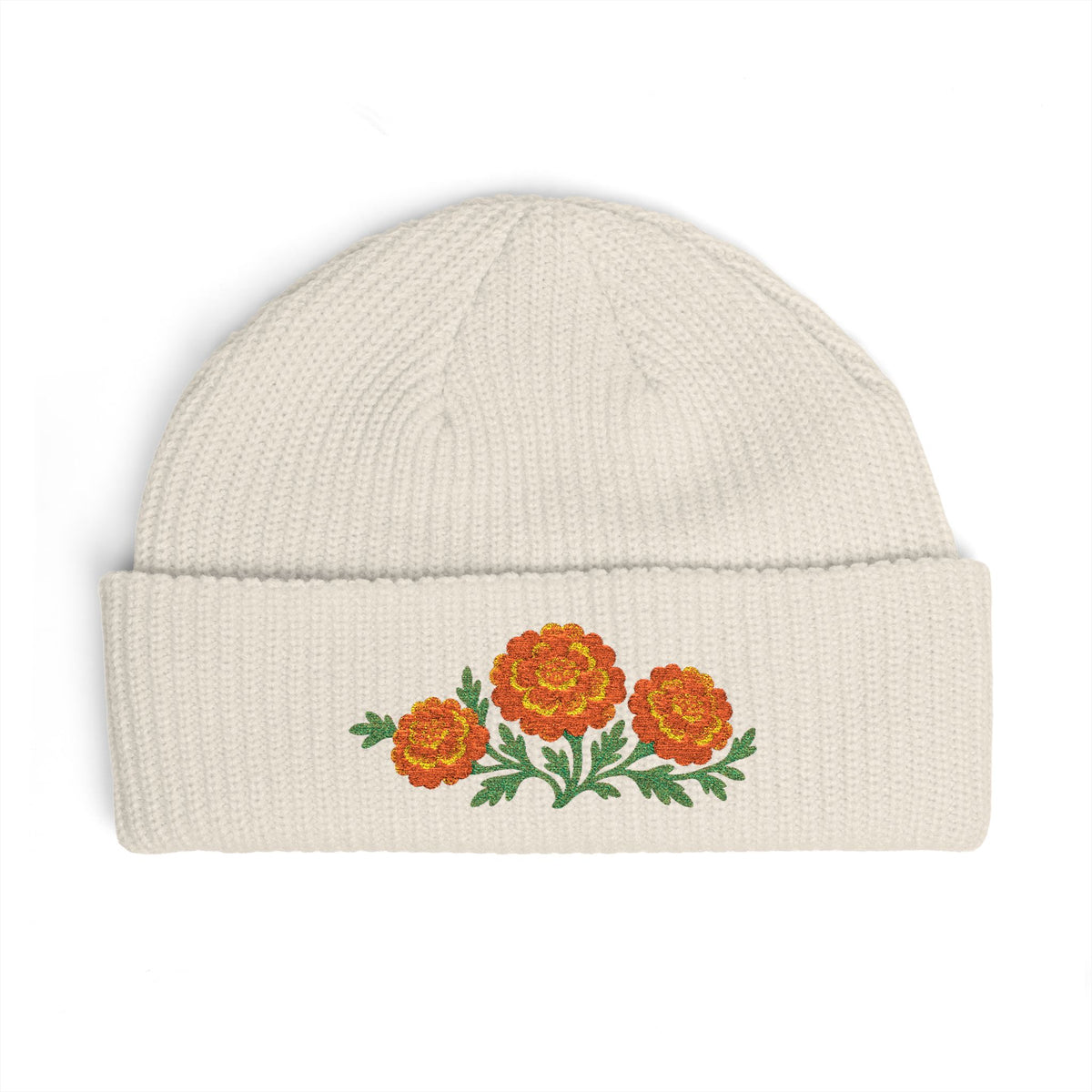 Cuffed knit beanie embroidered with the marigold, October birth flower, view 3