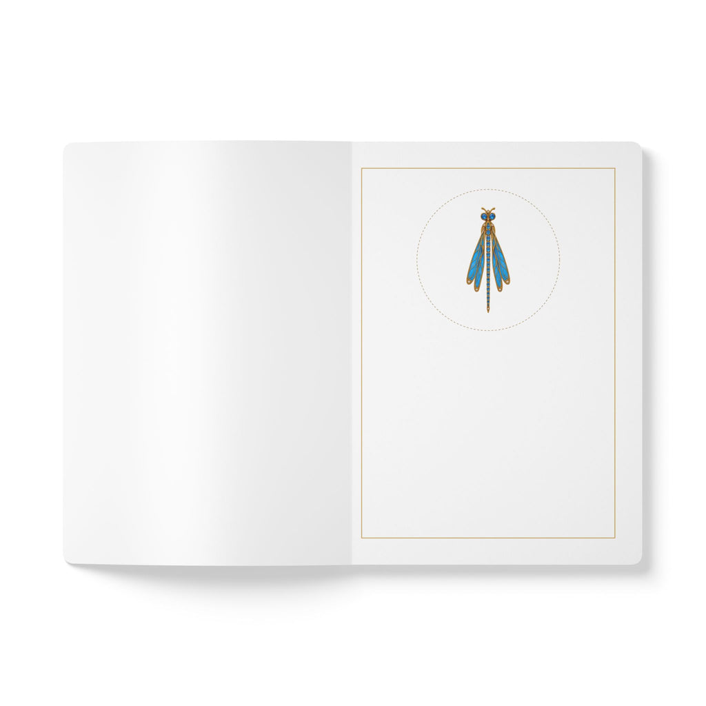 Jeweled blue topaz dragonfly journal with vintage brooch art on a navy cover, December birthstone gift, view 4