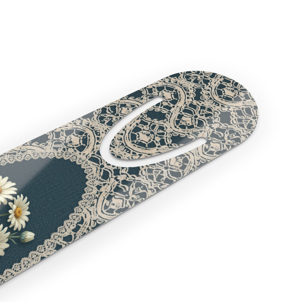 Metal bookmark with white daisy, the April birth flower, in vintage lace floral art, view 3