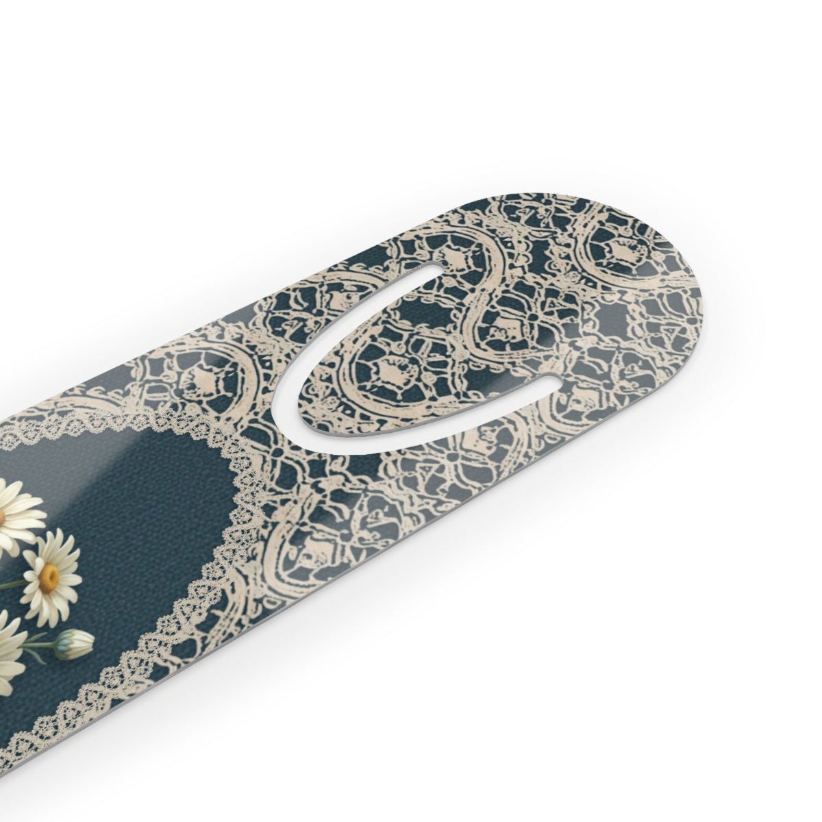 Metal bookmark with white daisy, the April birth flower, in vintage lace floral art, view 3