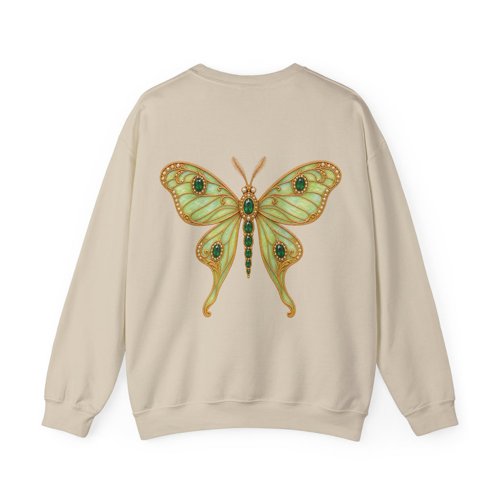 May birthstone sweatshirt with jeweled emerald luna moth brooch art and personalized monogram, view 2