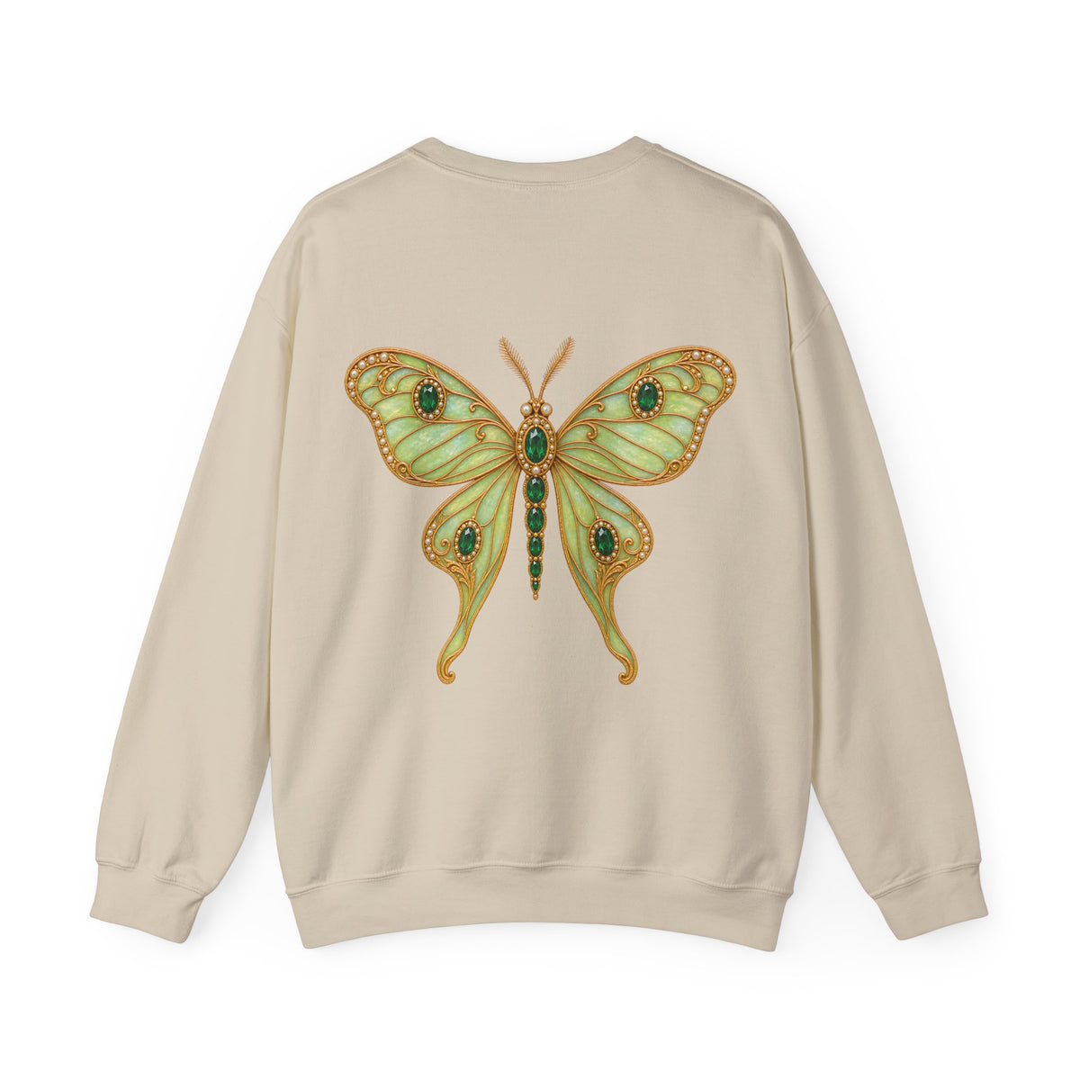 May birthstone sweatshirt with jeweled emerald luna moth brooch art and personalized monogram, view 2