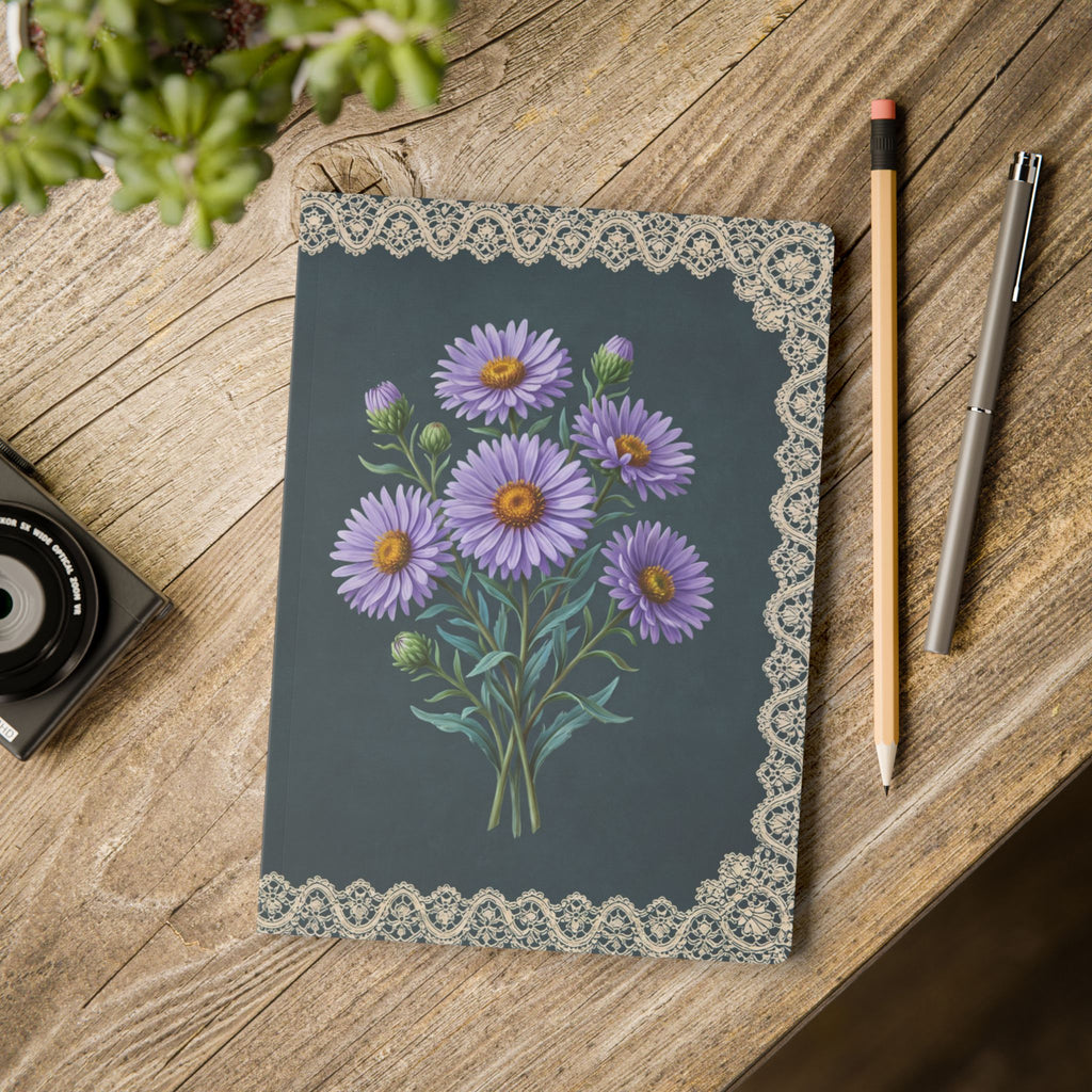 September birth flower journal with purple aster oil painting art and lace border on a teal cover, view 11